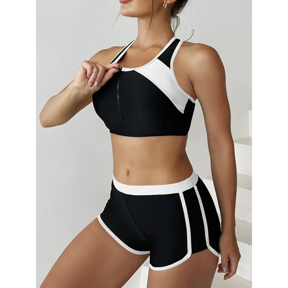 Zipper Bikini Set with Boxer Shorts – Sports Swimwear - On sale