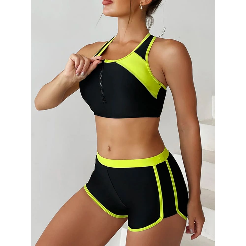 Zipper Bikini Set with Boxer Shorts – Sports Swimwear - On sale