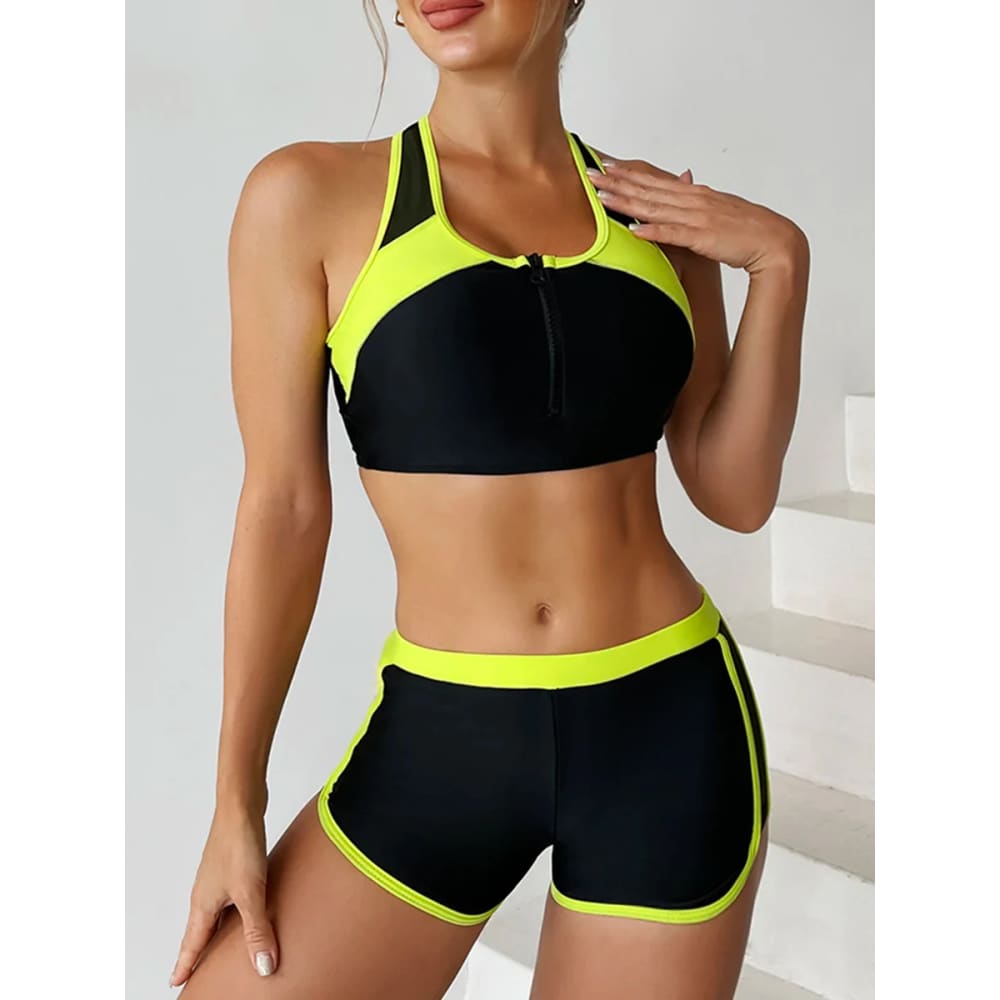 Zipper Bikini Set with Boxer Shorts – Sports Swimwear - On sale