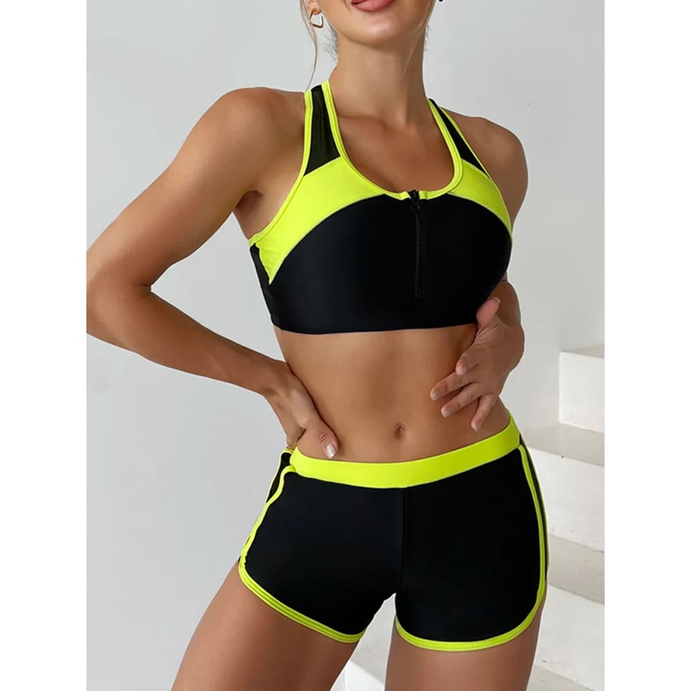 Zipper Bikini Set with Boxer Shorts – Sports Swimwear - On sale