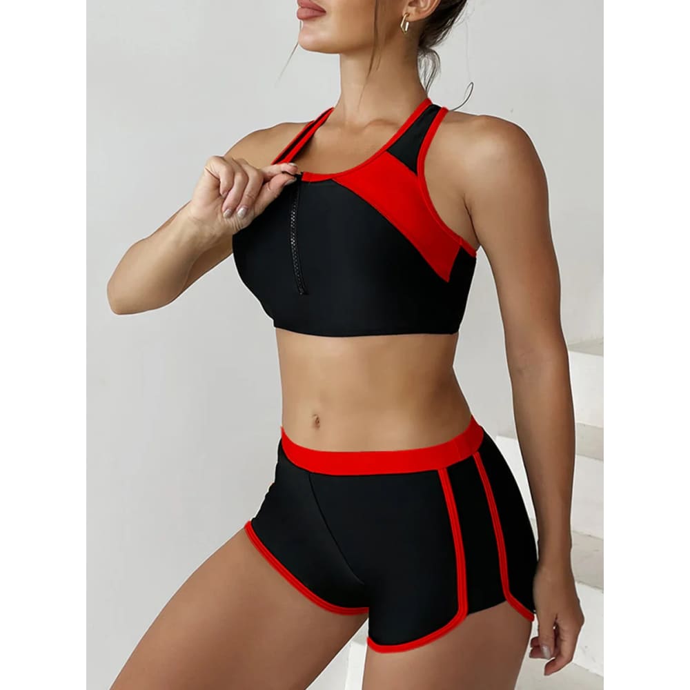Zipper Bikini Set with Boxer Shorts – Sports Swimwear - On sale