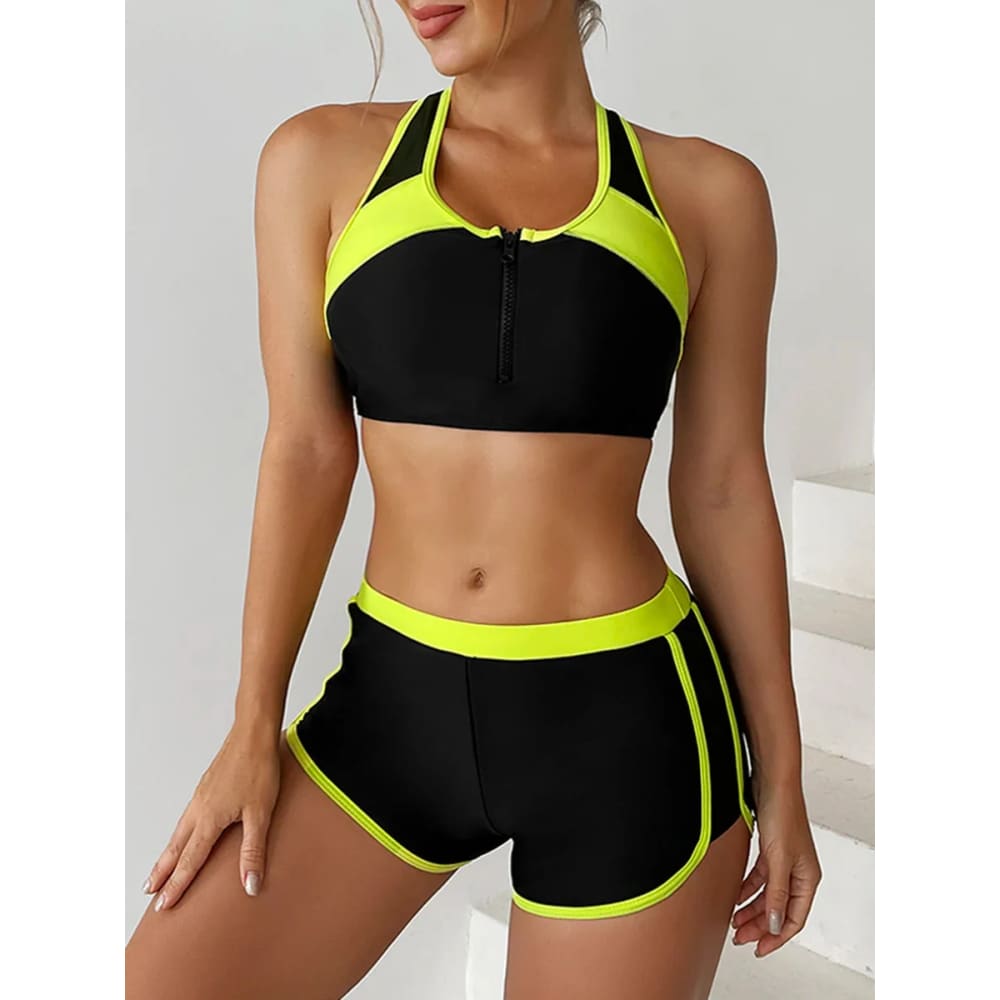 Zipper Bikini Set with Boxer Shorts – Sports Swimwear - On sale