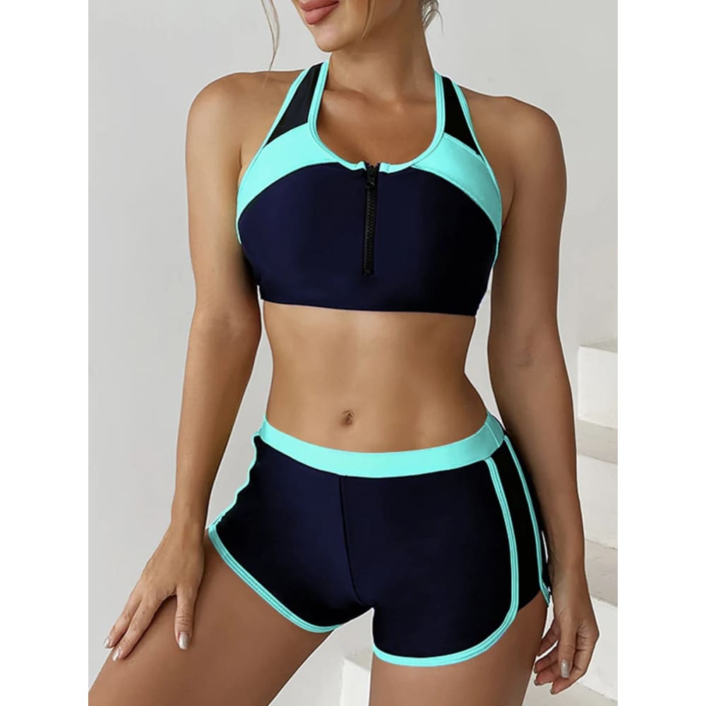 Zipper Bikini Set with Boxer Shorts – Sports Swimwear - On sale