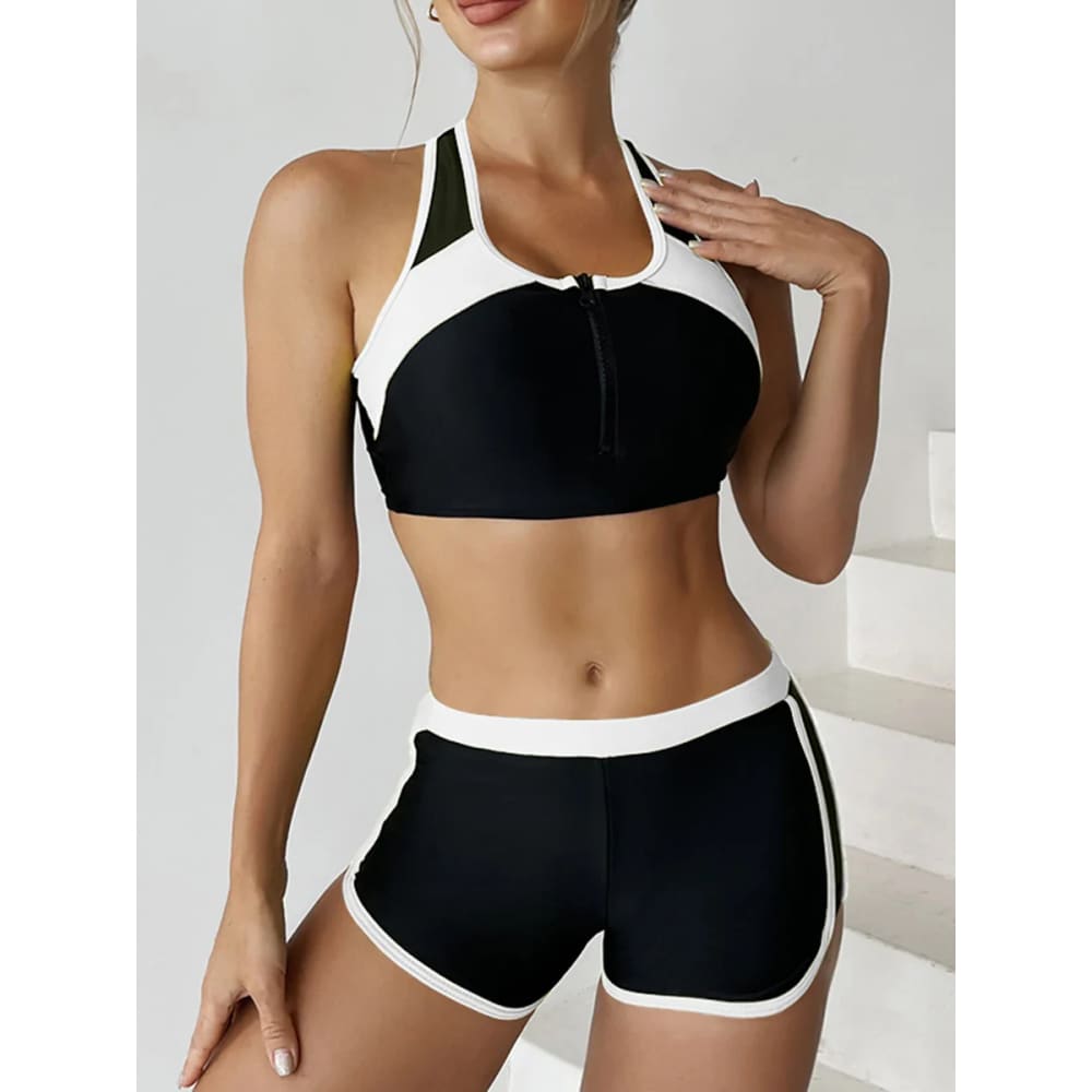 Zipper Bikini Set with Boxer Shorts – Sports Swimwear - On sale
