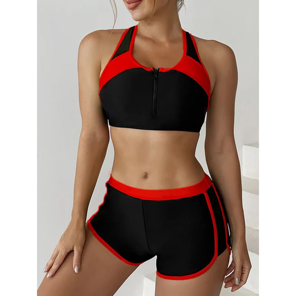 Zipper Bikini Set with Boxer Shorts – Sports Swimwear - On sale