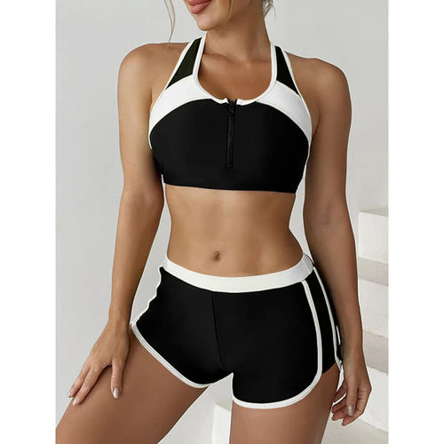 Sports bikini set with zipper, black with white trim, boxer shorts