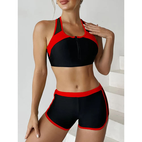 Zipper bikini set with boxer shorts, red and black contrast trim