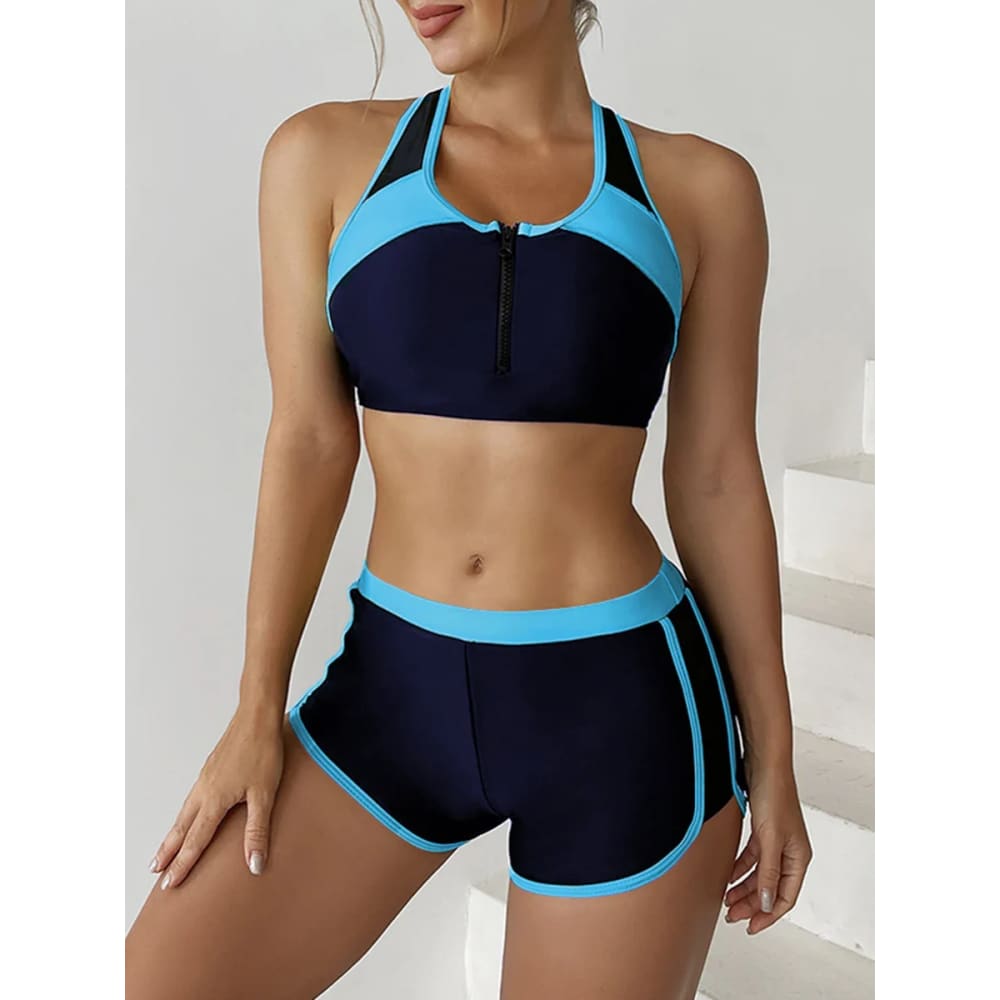 Zipper Bikini Set with Boxer Shorts – Sports Swimwear - On sale