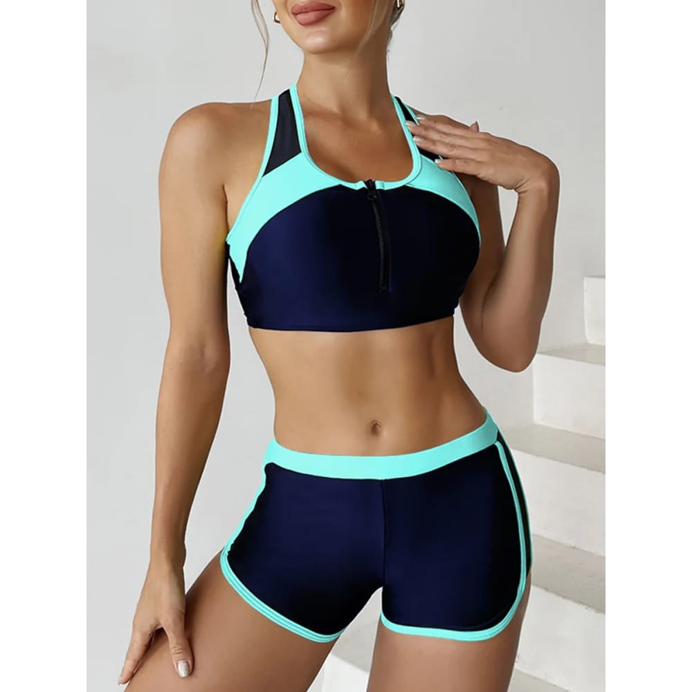 Zipper Bikini Set with Boxer Shorts – Sports Swimwear - Green / XXL On sale