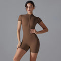 Coffee brown yoga romper with front zipper, short sleeves, fitted shorts