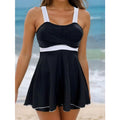 Plus size tankini set, black with white contrast panel, scoop neck tank swim dress