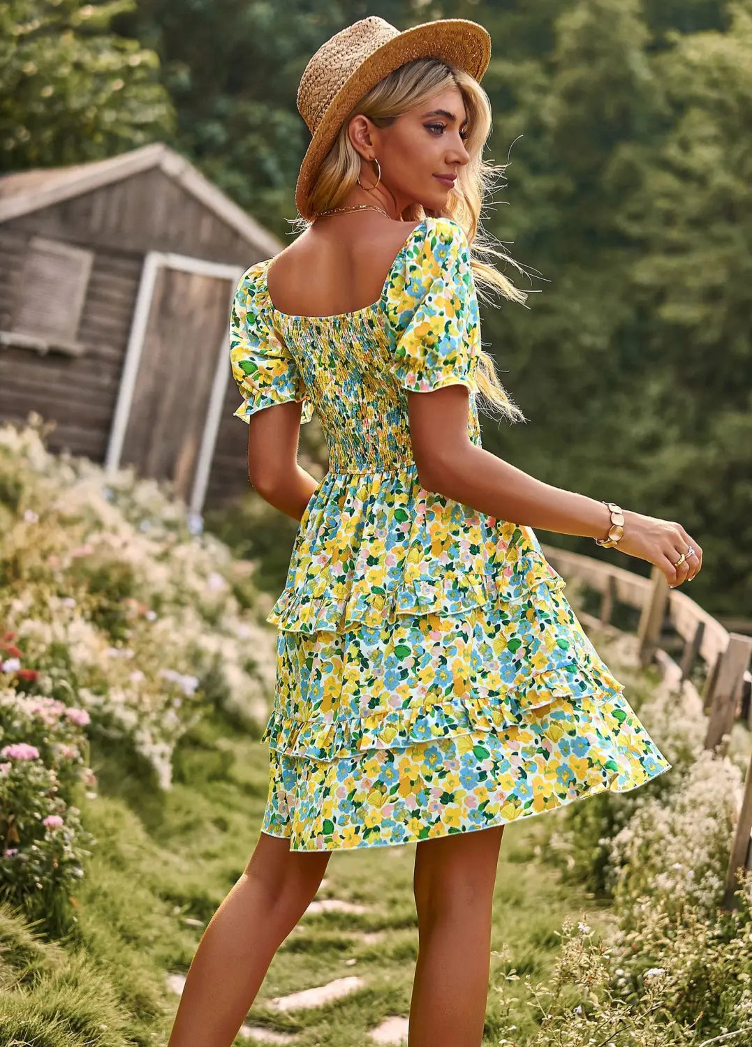 Floral Ruffle Short Sleeve Off-Shoulder Mini Dress