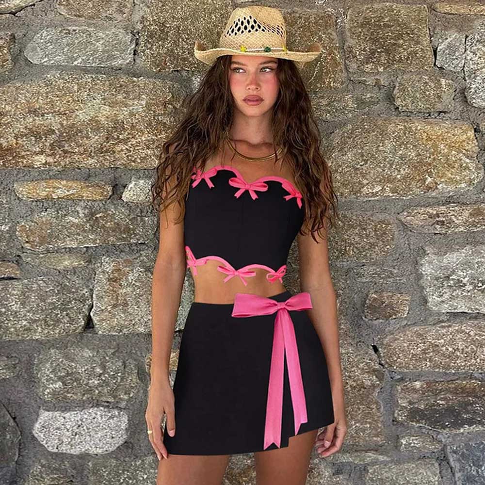 キュートなリボン付きスカラップハイウエストキャミクロップブラジリアン2ピースビキニ水着