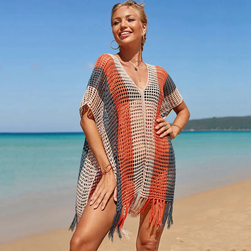 Women’s Knitted Colorful Striped Beach Cover Ups