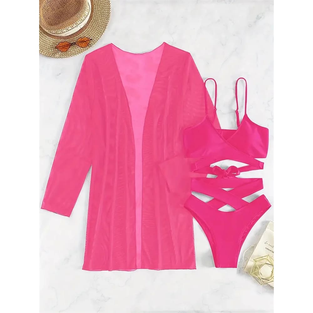 3‑Piece Mesh Cover‑Up Bikini Set with Push‑Up Top - On sale