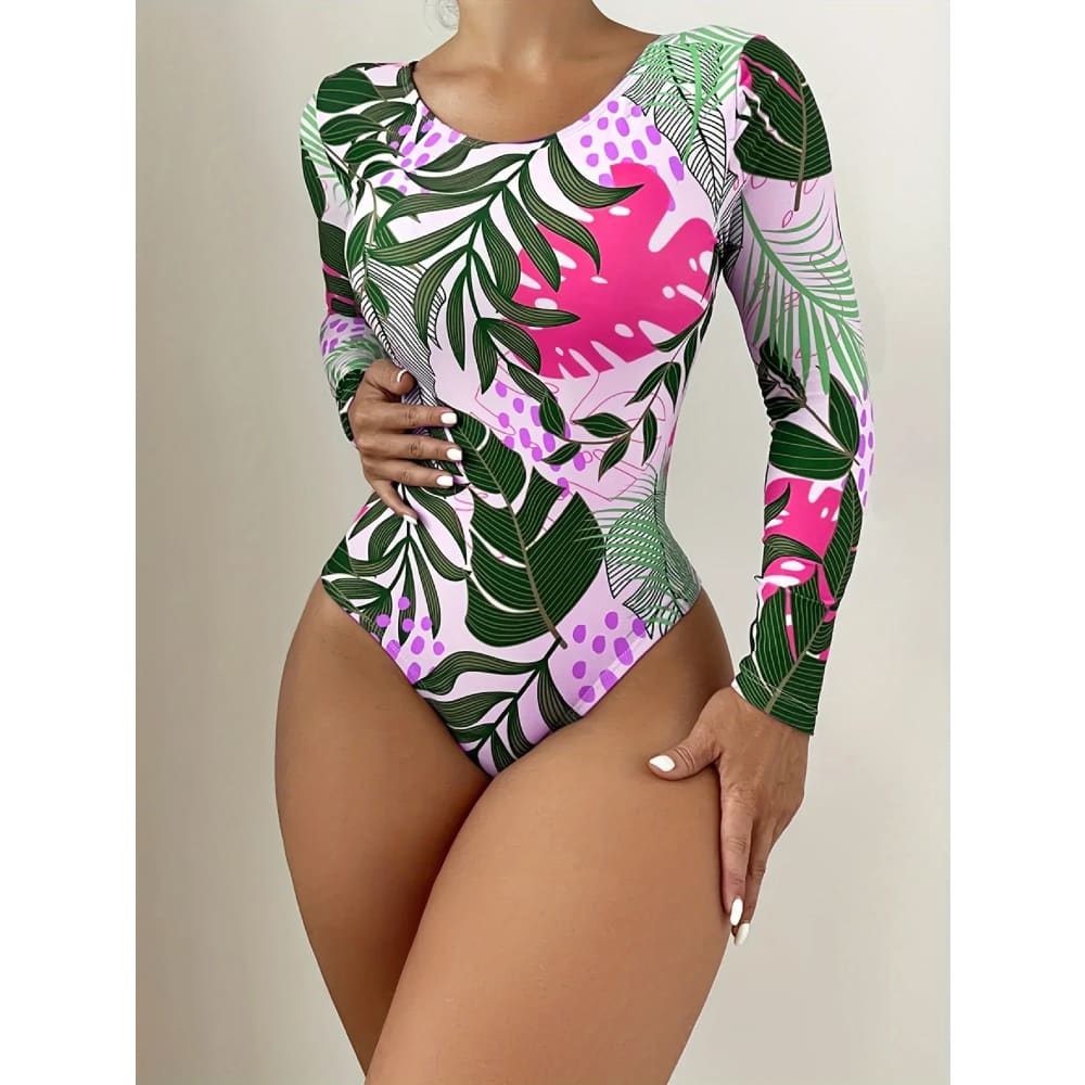 Tropical Print Long‑Sleeve Backless High‑Cut One‑Piece - Rose Red / XXS On sale