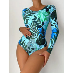 Sky blue tropical print long-sleeve one-piece with backless cut and high-cut legs