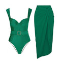 Green swimsuit top with underwire cups, octagon belt buckle, plus matching twist cover skirt.