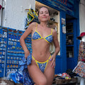 Blue glitter crystal triangle bikini with contrast yellow string straps