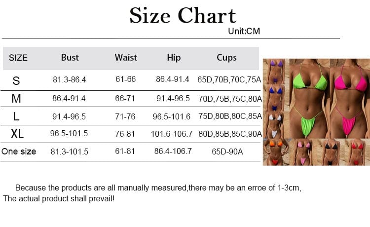 Sexy Sliding Halter Push Up Triangle Thong Bikini Swimsuit Size Chart