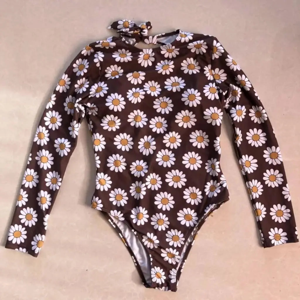 Sexy long sleeve Low Back High Neck Rash Guard Floral one piece swimsuit