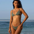 Army green string bikini with triangle top and cheeky brazilian bottoms