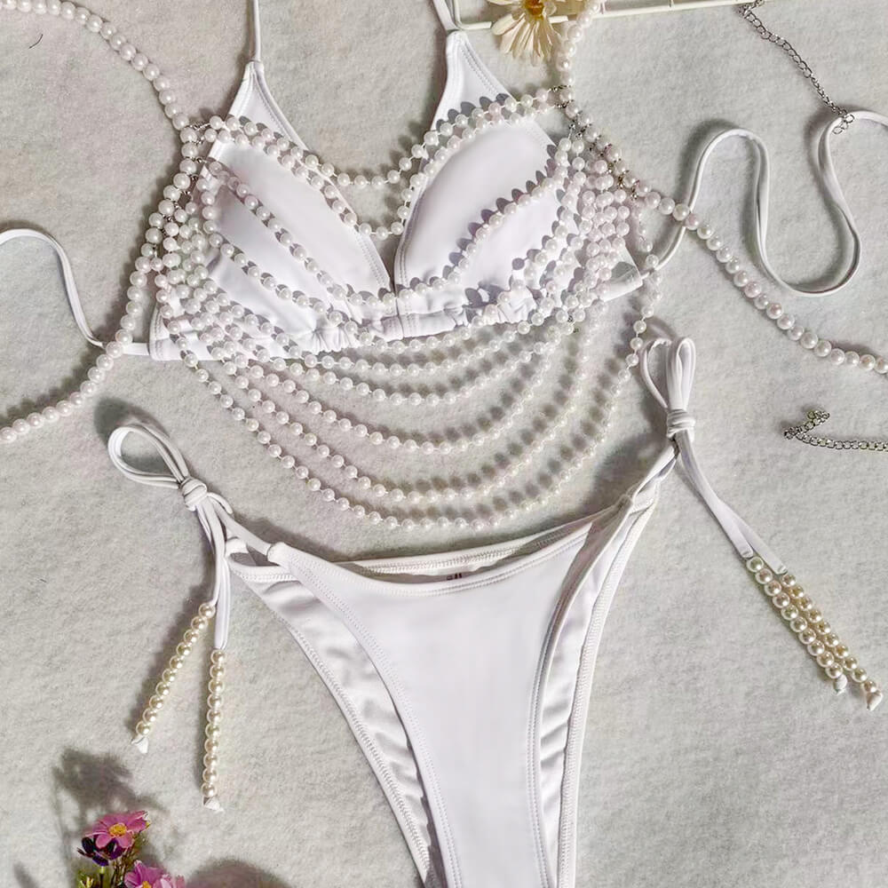 Luxuriöser Bikini-Badeanzug mit Perlenkette und Schnürung, dreiteilig, brasilianischer Triangel-Bikini