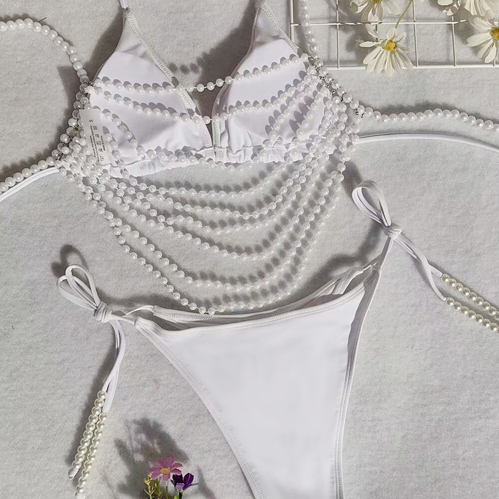 Luxuriöser Bikini-Badeanzug mit Perlenkette und Schnürung, dreiteilig, brasilianischer Triangel-Bikini