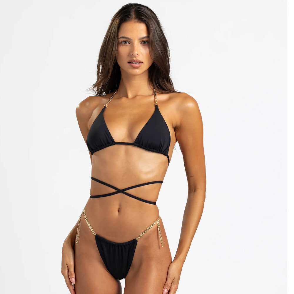 Maillot de bain deux pièces brésilien triangle avec slide enroulé et chaîne métallique