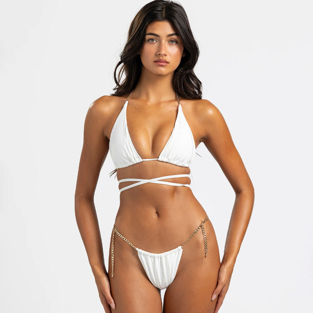 Maillot de bain deux pièces brésilien triangle avec slide enroulé et chaîne métallique