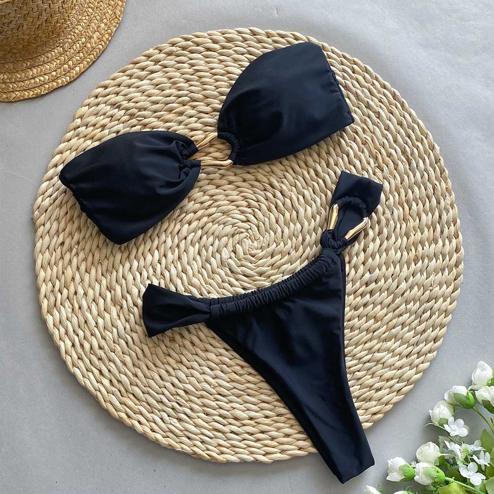 메탈릭 링 하이 레그 타이 백 반다우 브라질리안 투 피스 비키니 수영복