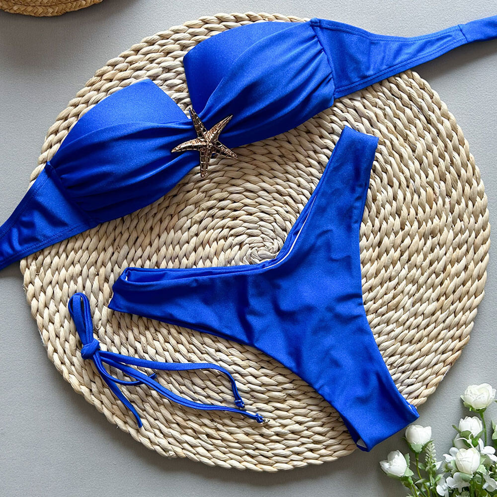 Costume da bagno bikini a due pezzi brasiliano con bandeau arricciato e gamba alta a stella marina metallica