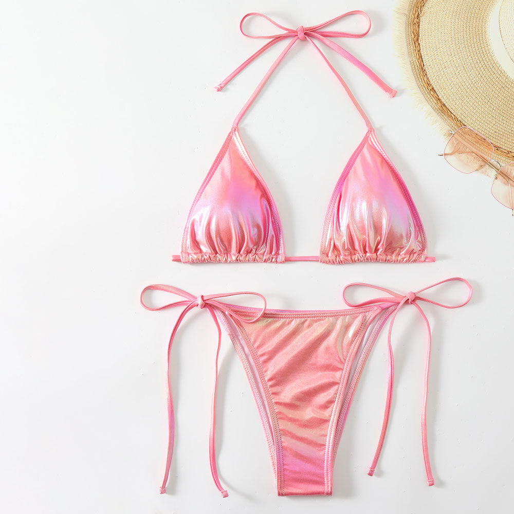 Metallic Tie String Cheeky Slide Triangle Halter Brazilian Two Piece Bikini Swimsuit