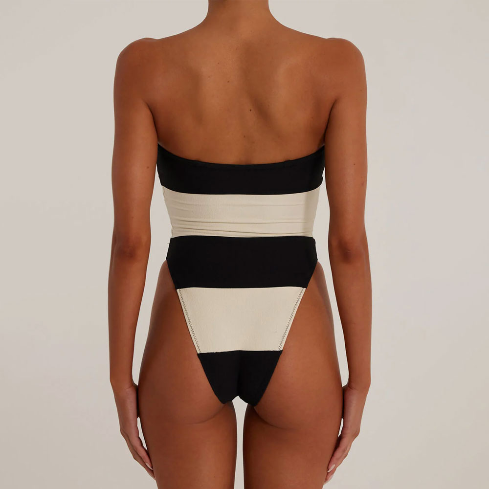 Nautical Stripe Contrast Color High Leg Bandeau Brazilian One Piece Swimsuit