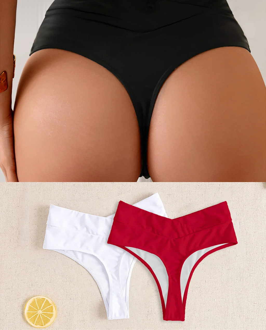 Black high waist crossed waistband Brazilian bikini bottom worn on model with white and red flats on linen