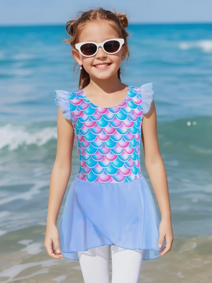 Girls Mermaid Ruffle One‑Piece Swimdress with Tulle Skirt