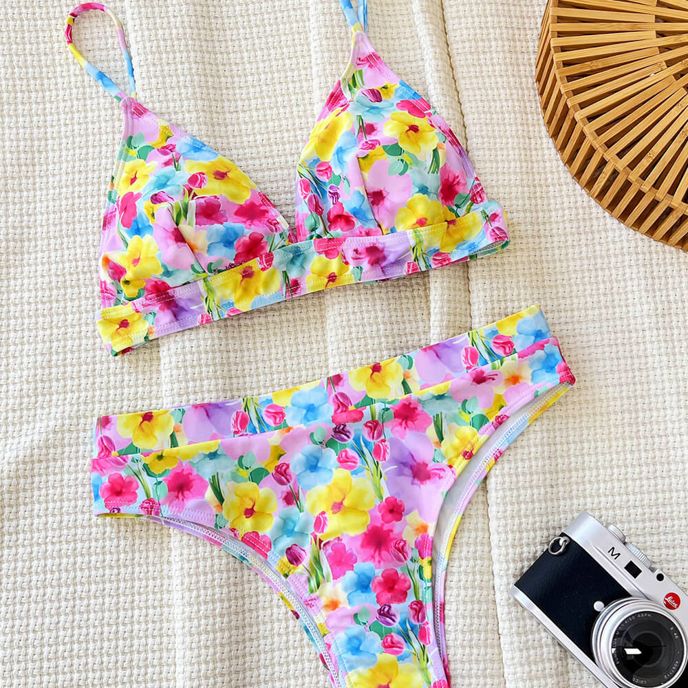 Maillot de bain bikini deux pièces brésilien triangle à bandes taille haute floral romantique