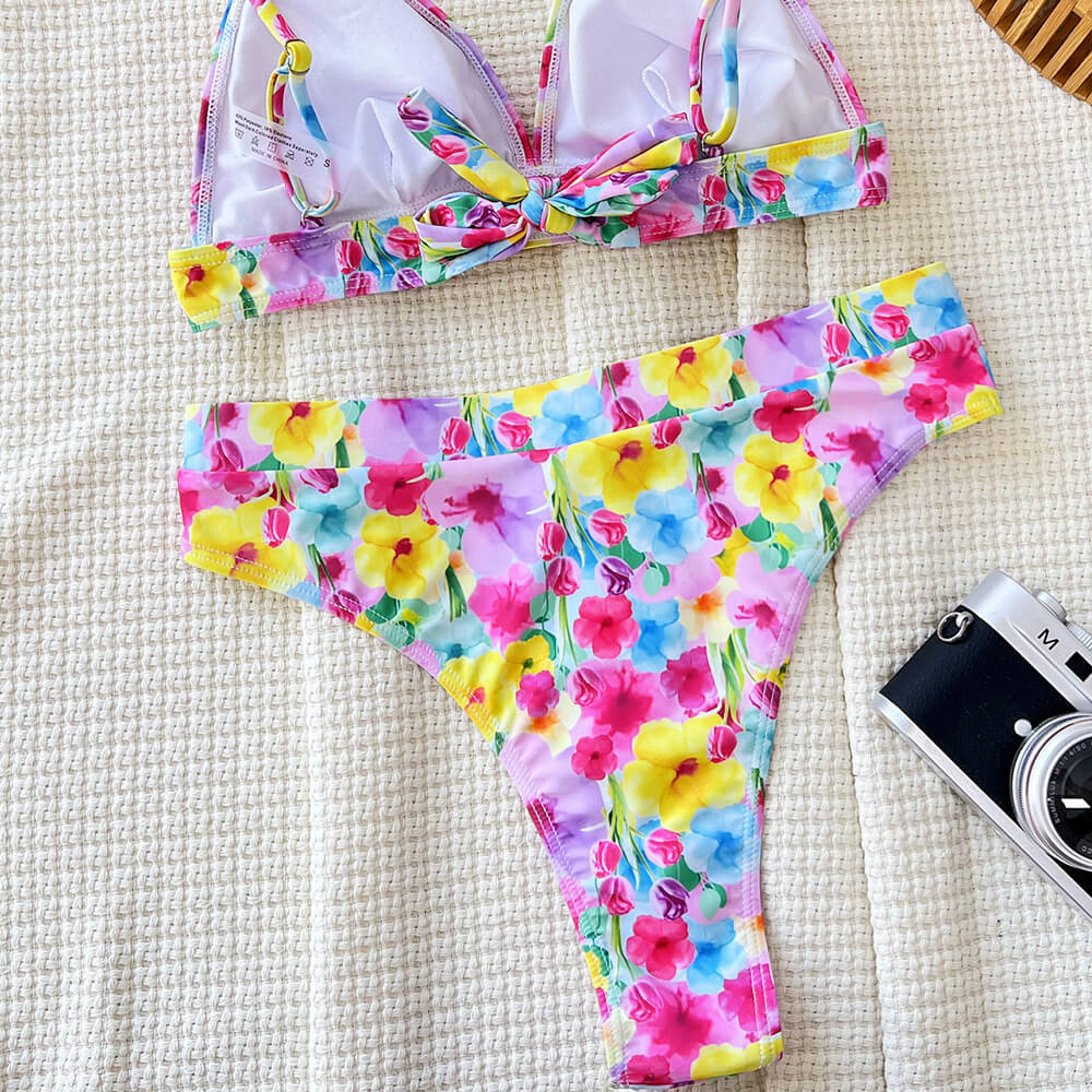 Maillot de bain bikini deux pièces brésilien triangle à bandes taille haute floral romantique