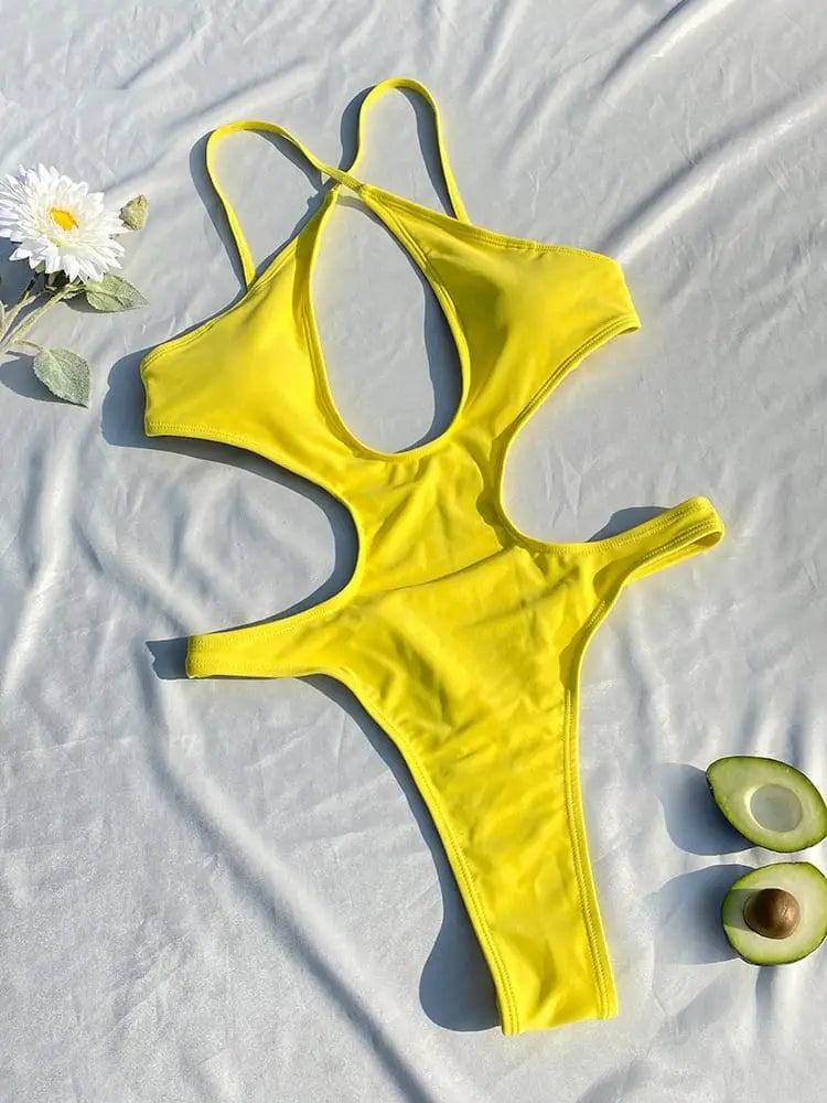 Solid Hollow Out One Piece Thong Monokini