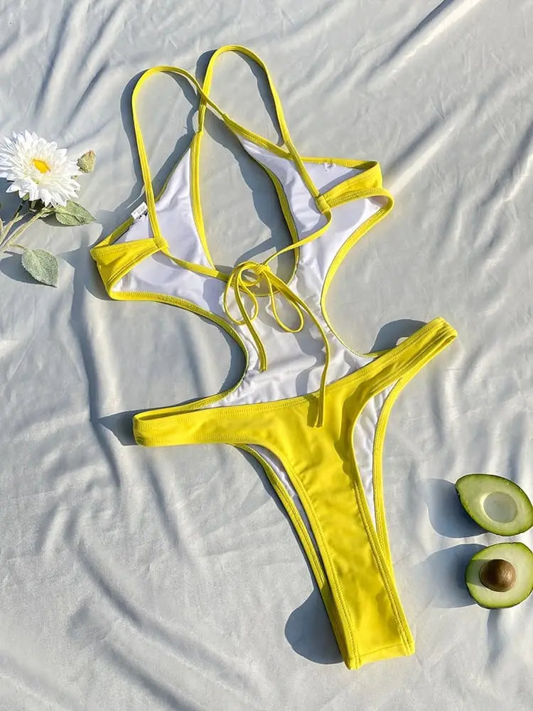 Solid Hollow Out One Piece Thong Monokini