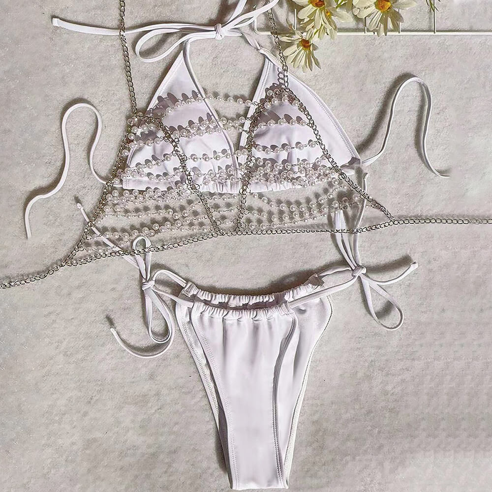 Maillot de bain bikini trois pièces brésilien sexy avec chaîne et cravate sur le côté