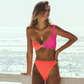 Color-block high-leg one-shoulder bikini set with ruched cups, hot pink & burnt orange