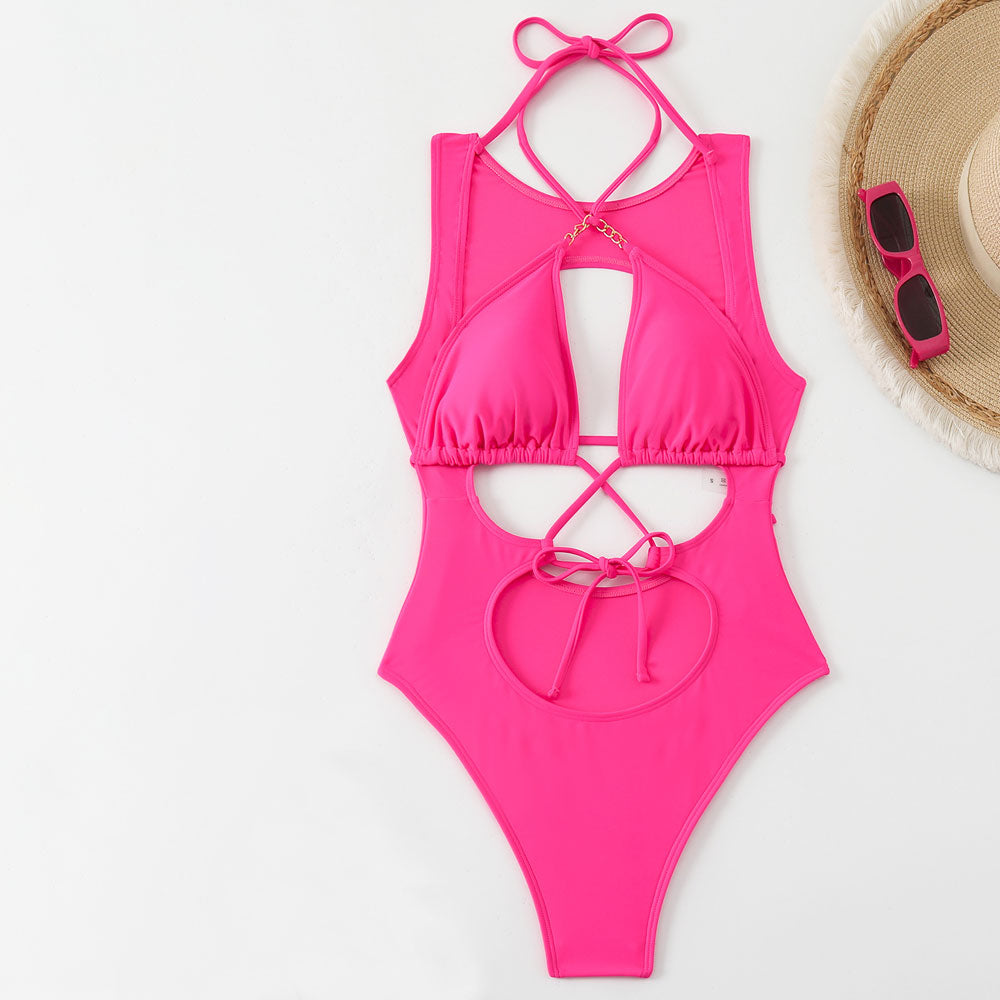 Sexy brasilianischer Badeanzug mit hohem Beinausschnitt, dreieckiger Kette und Neckholder