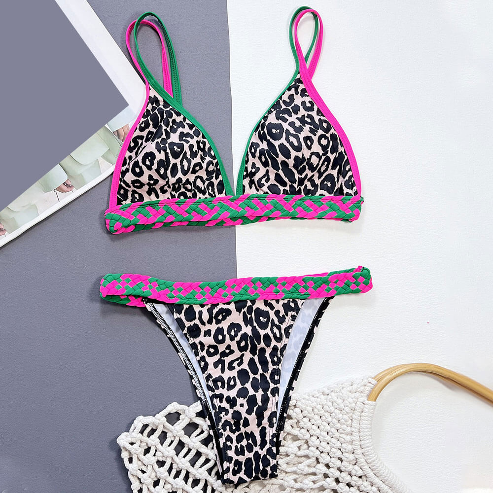 Sexy Leopard Bicolor Braided Cheeky Triangle Brazilian Two Piece Bikin ...