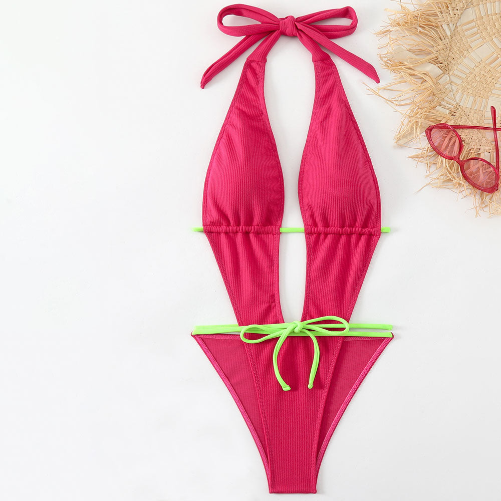 Costume da bagno intero brasiliano monokini con scollatura profonda a V, allacciato al collo, con fascia sexy e righe alte.