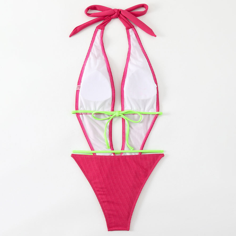 Costume da bagno intero brasiliano monokini con scollatura profonda a V, allacciato al collo, con fascia sexy e righe alte.