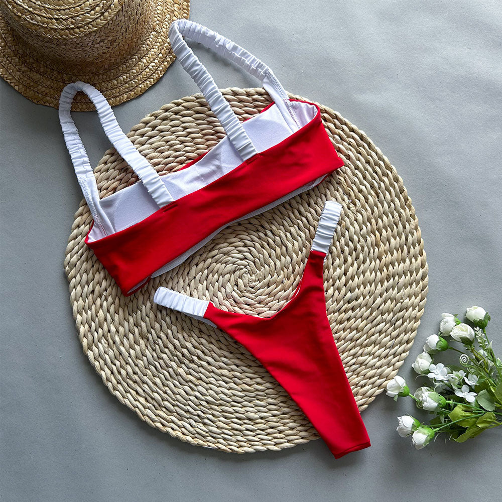 Sexy Scrunch High Leg Kontrast Bralette Brasilianischer Zweiteiler Bikini-Badeanzug