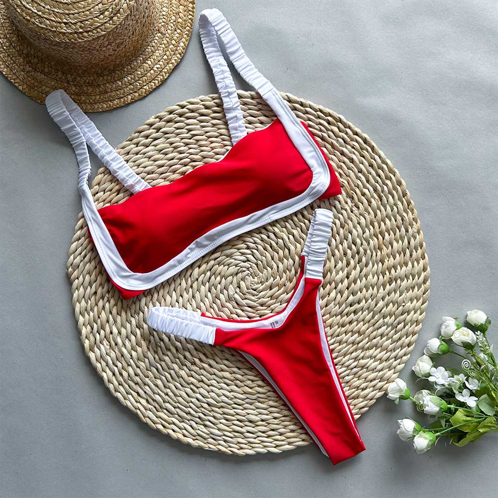 Sexy Scrunch High Leg Kontrast Bralette Brasilianischer Zweiteiler Bikini-Badeanzug
