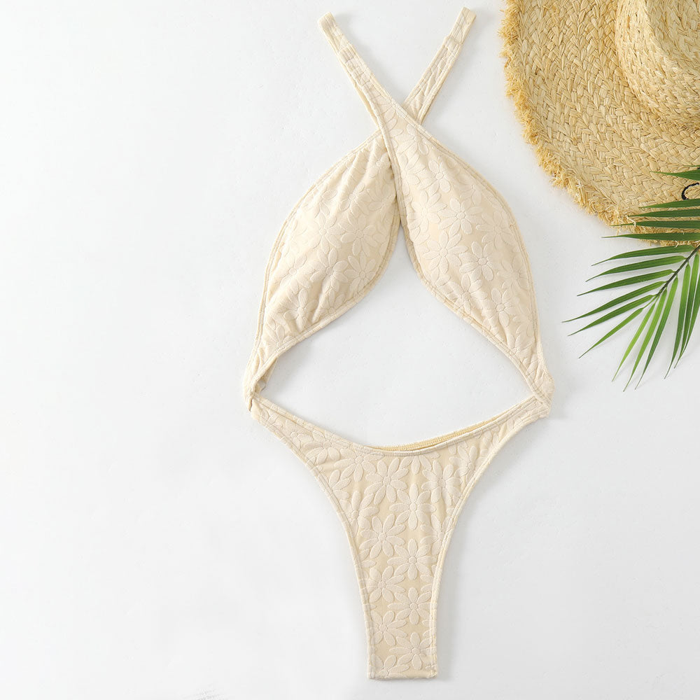 Costume da bagno intero brasiliano Sexy Terry Flower con taglio alto, schiena bassa e avvolgente