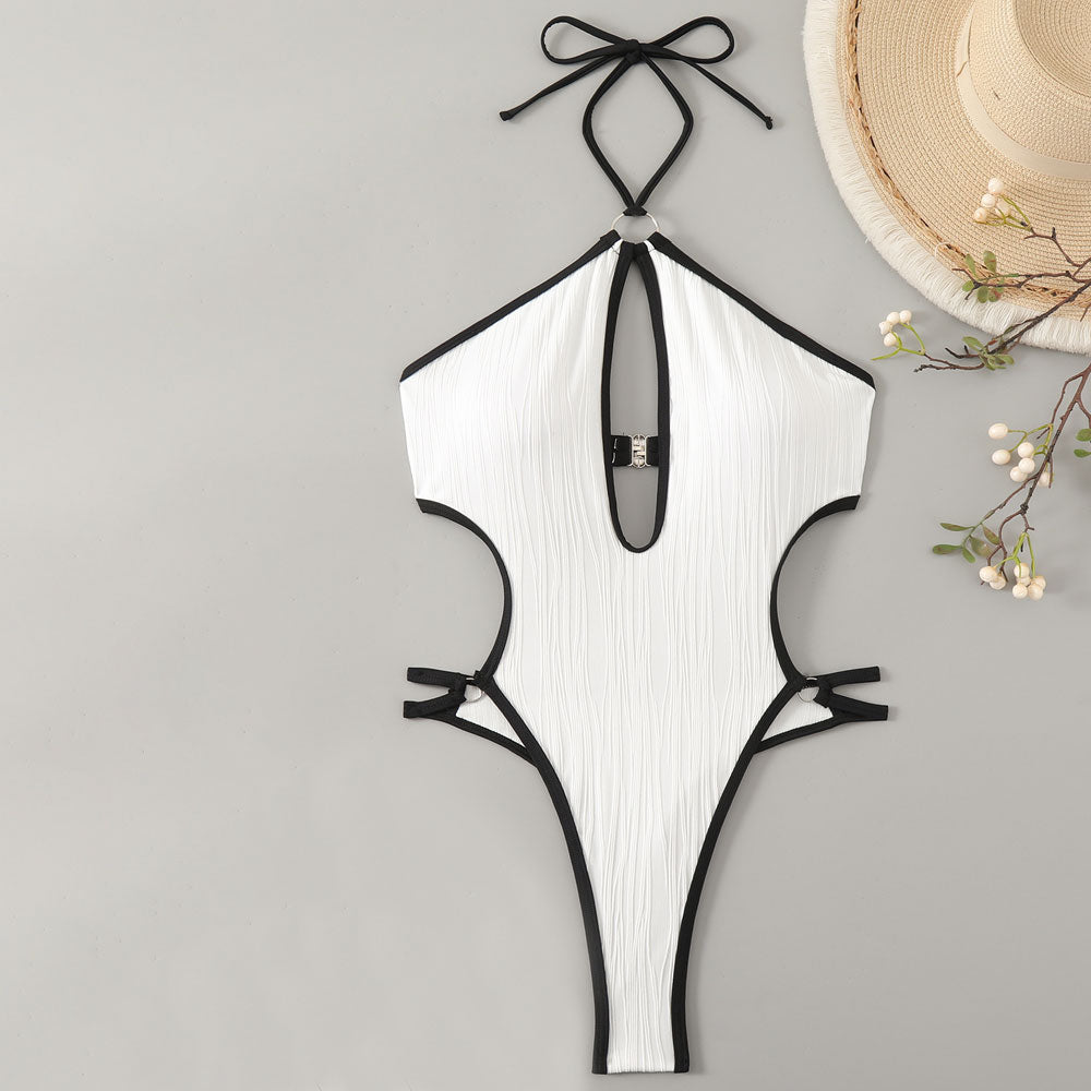 Traje de baño de una pieza brasileño con textura sexy, tanga de pierna alta, corte halter y monokini